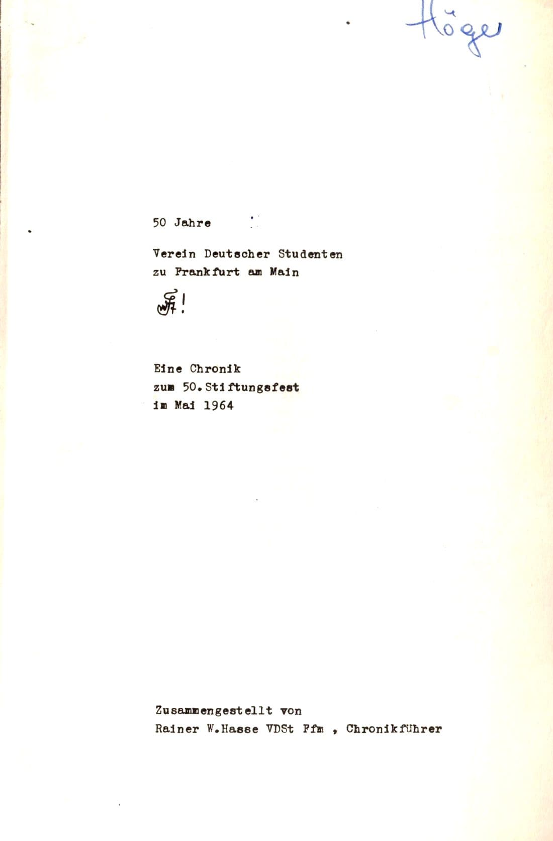 Titelseite der Chronik zum 50. Stiftungsfest, Mai 1964